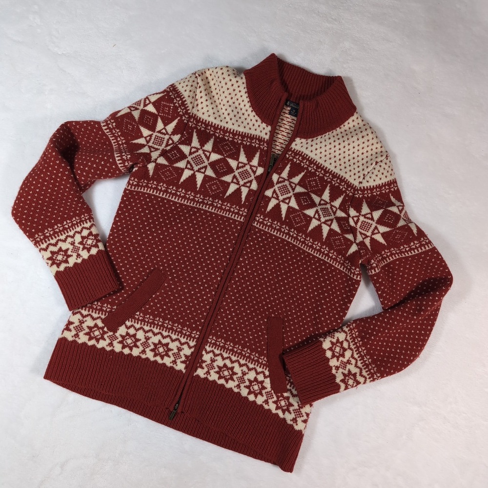 Brooks Brothers Full Zip Cardigan Men M Lambswool Burgundy Fair Isle Nordic Knit